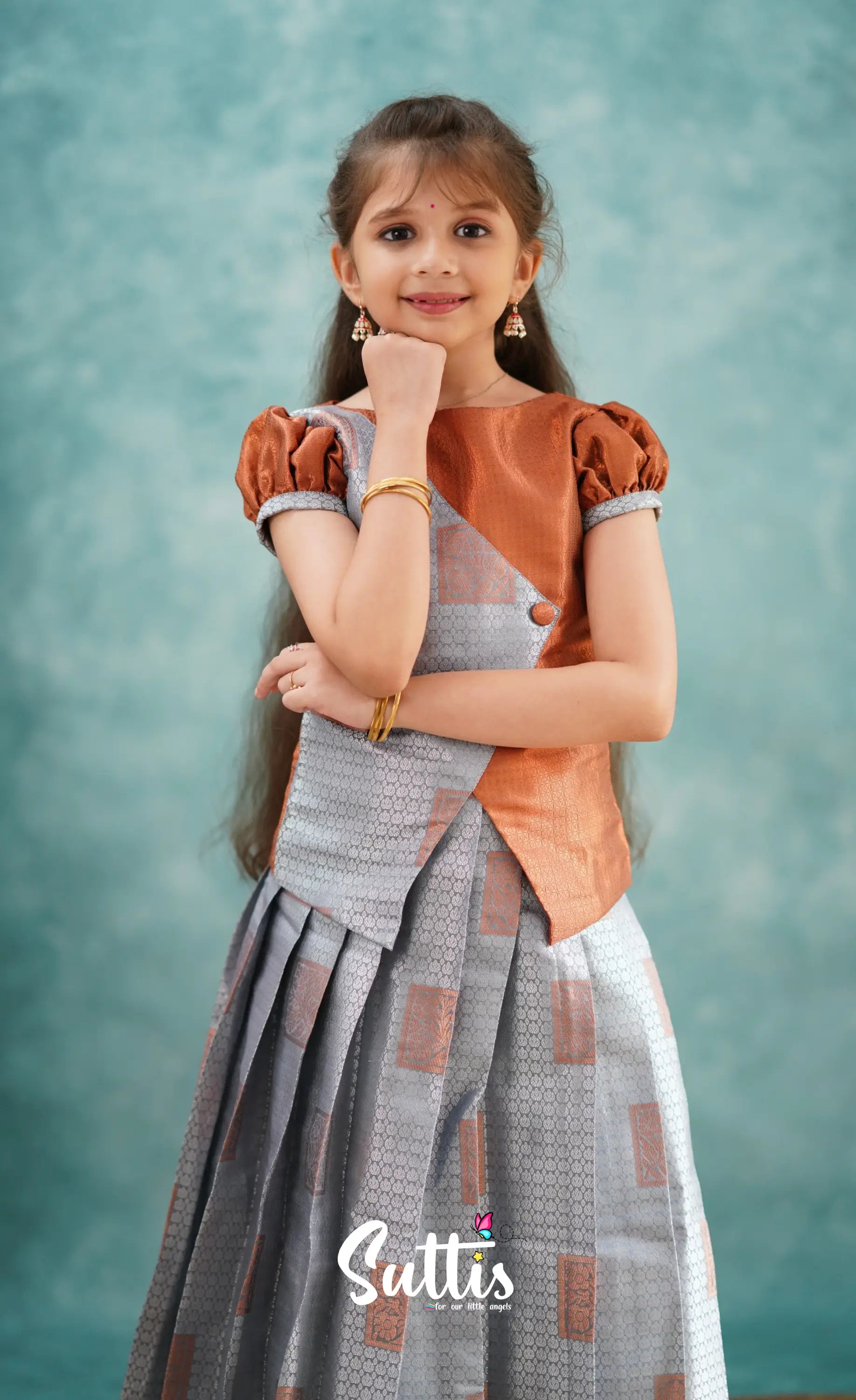 Padmakshi - Grey And Rust Blended Silk Pavadai Sattai Kids-Suttis