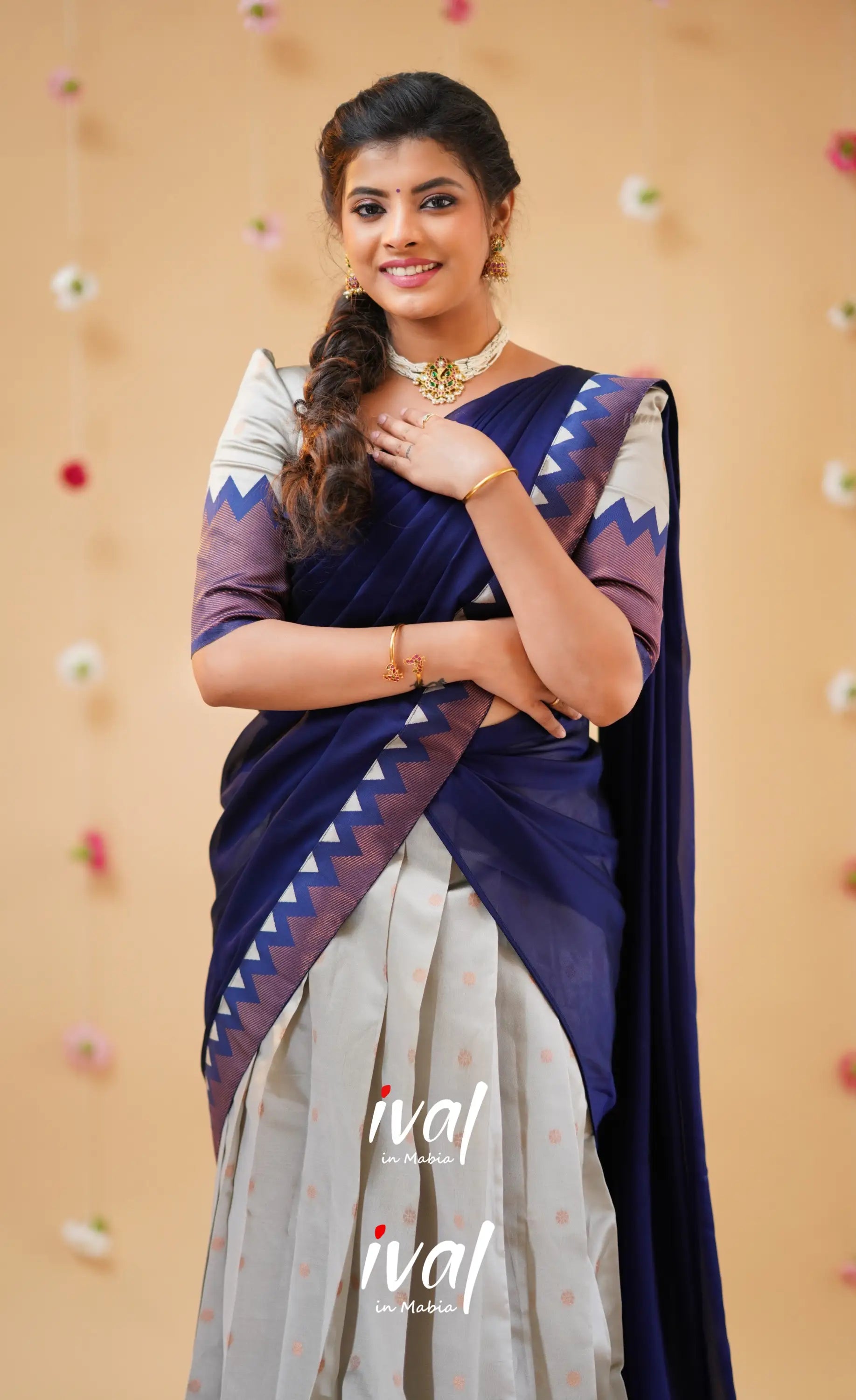 Padmakshi Light Grey and Royal Blue Blended Silk Halfsaree - Half Sarees