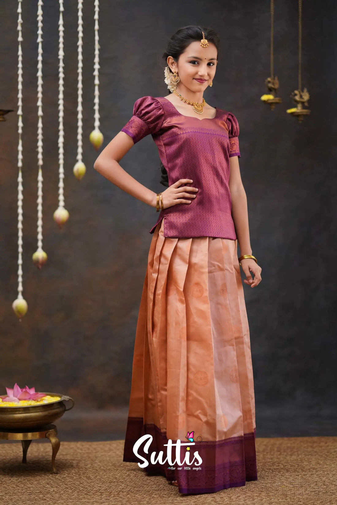 Padmakshi - Light Peach And Magenta Semi Silk Pavadai Top Kids-Suttis