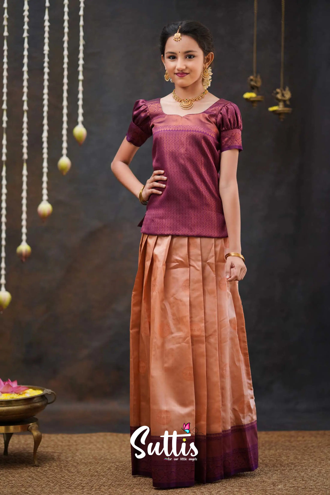 Padmakshi - Light Peach And Magenta Semi Silk Pavadai Top Kids-Suttis