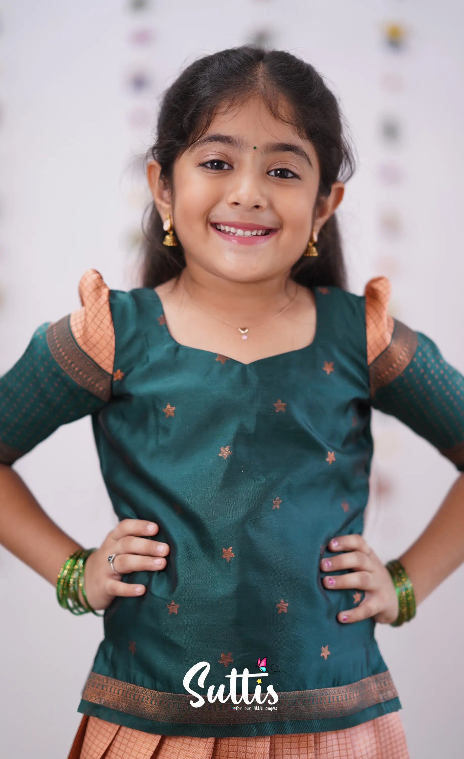 Padmakshi - Light Salmon Orange Shade And Green Tone Blended Silk Pavadai Sattai Kids-Suttis