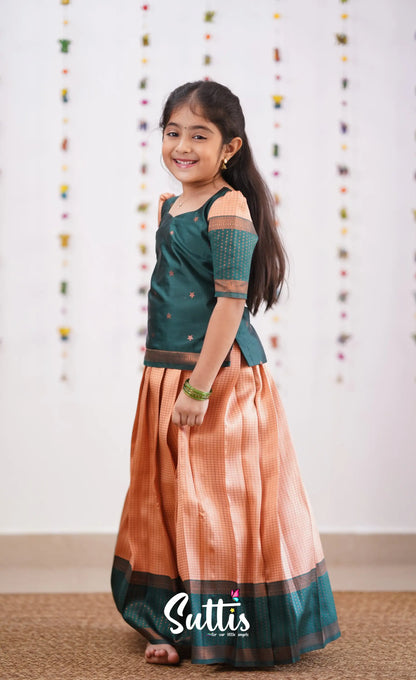 Padmakshi - Light Salmon Orange Shade And Green Tone Blended Silk Pavadai Sattai Kids-Suttis