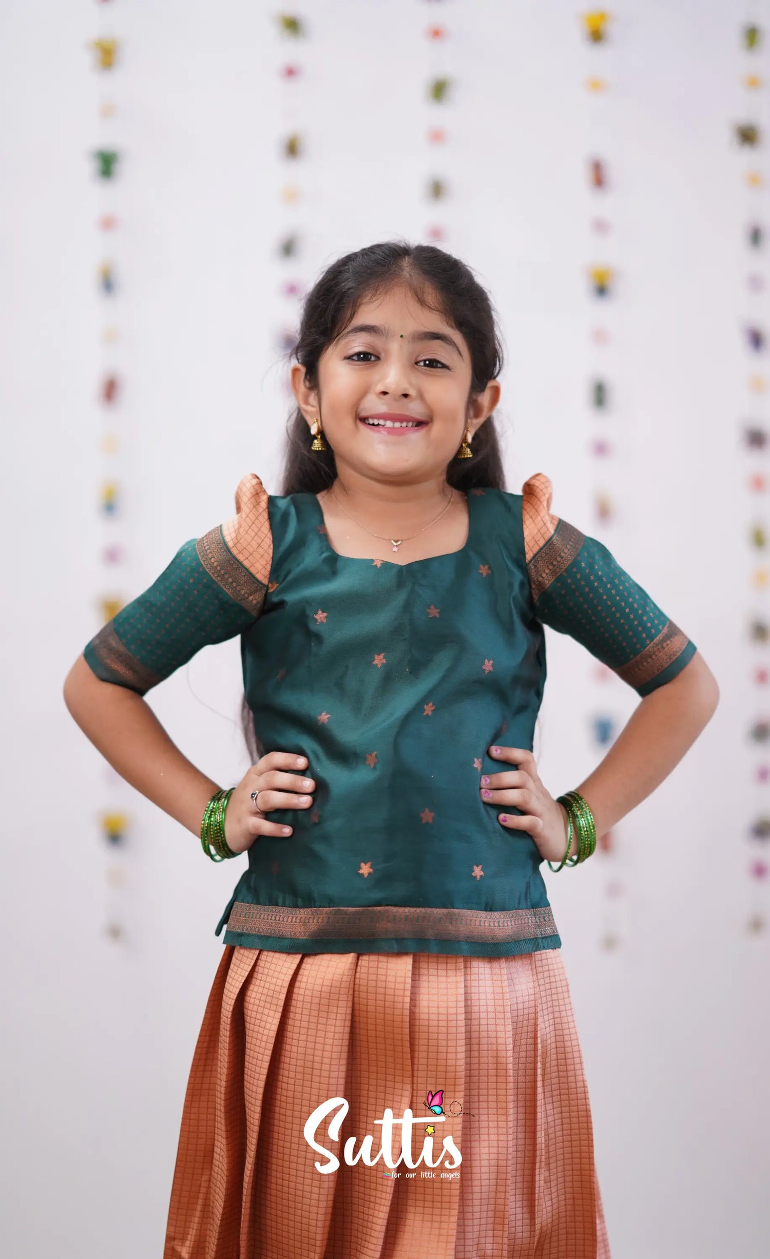 Padmakshi - Light Salmon Orange Shade And Green Tone Blended Silk Pavadai Sattai Kids-Suttis