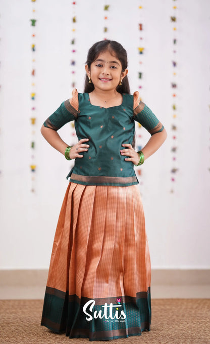 Padmakshi - Light Salmon Orange Shade And Green Tone Blended Silk Pavadai Sattai Kids-Suttis