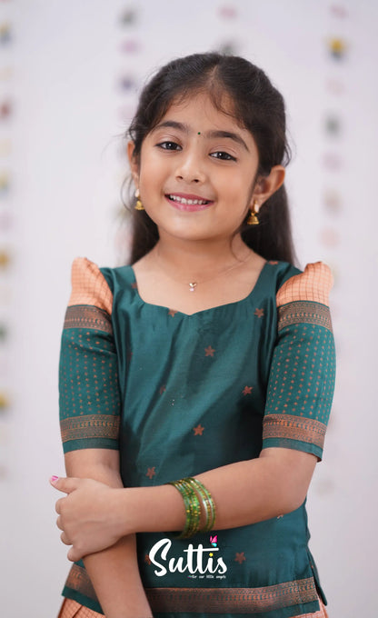 Padmakshi - Light Salmon Orange Shade And Green Tone Blended Silk Pavadai Sattai Kids-Suttis