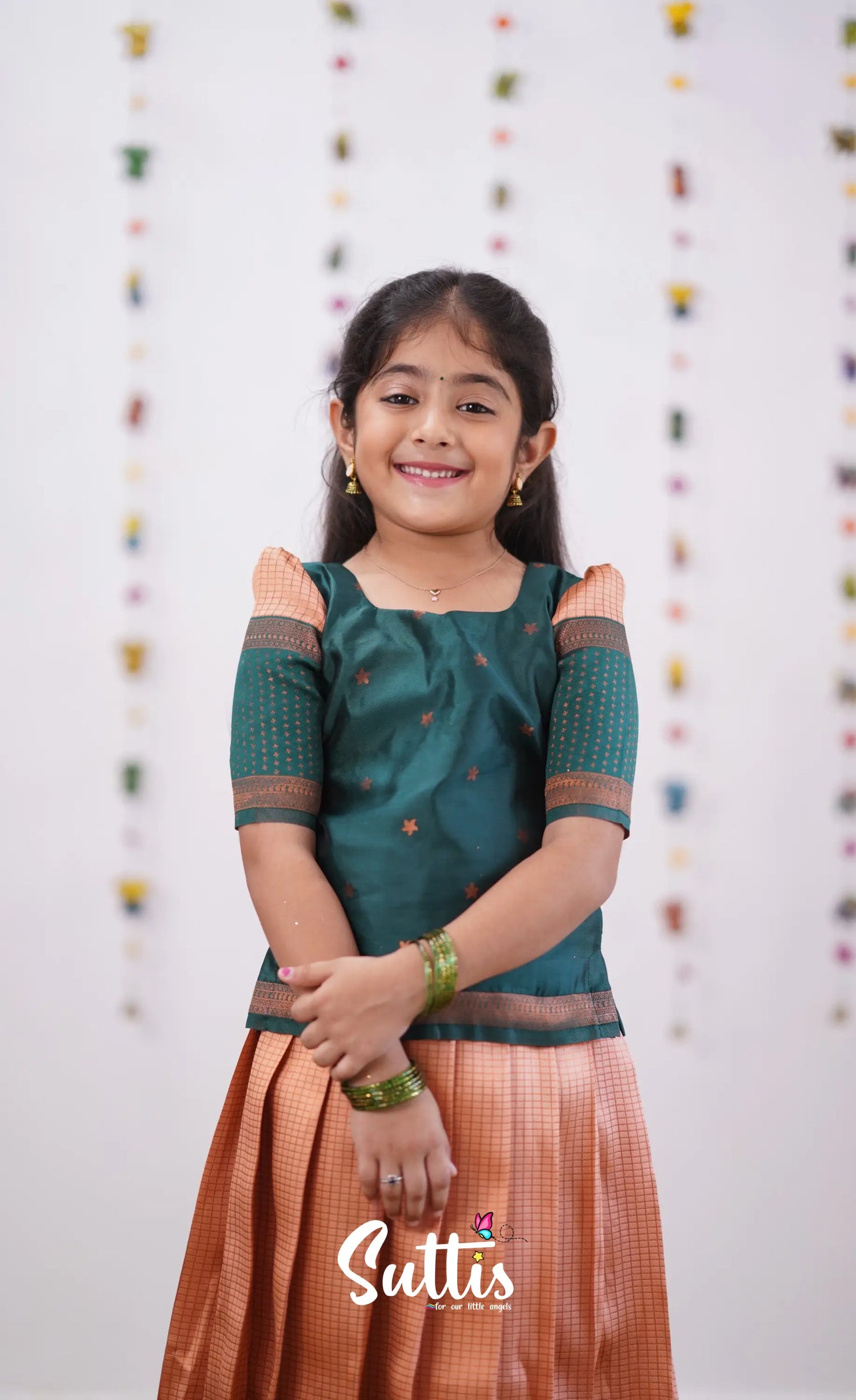 Padmakshi - Light Salmon Orange Shade And Green Tone Blended Silk Pavadai Sattai Kids-Suttis