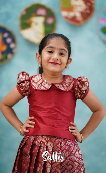 Padmakshi - Maroon Blended Silk Top And Skirt Kids-Suttis