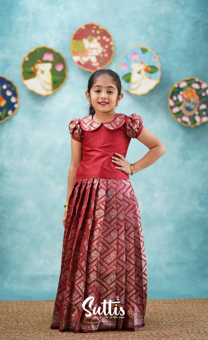 Padmakshi - Maroon Blended Silk Top And Skirt Kids-Suttis