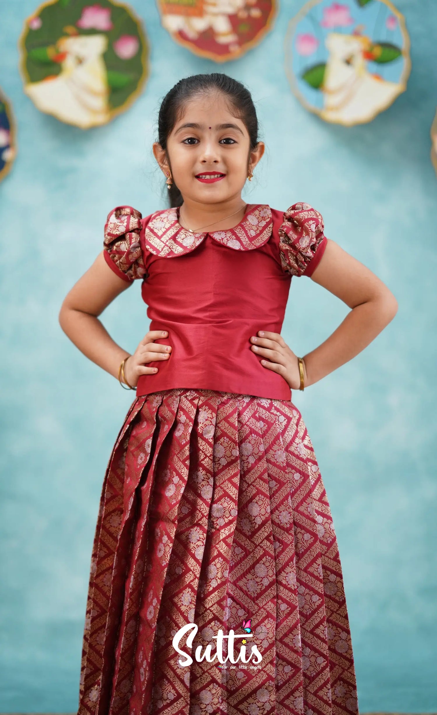 Padmakshi - Maroon Blended Silk Top And Skirt Kids-Suttis