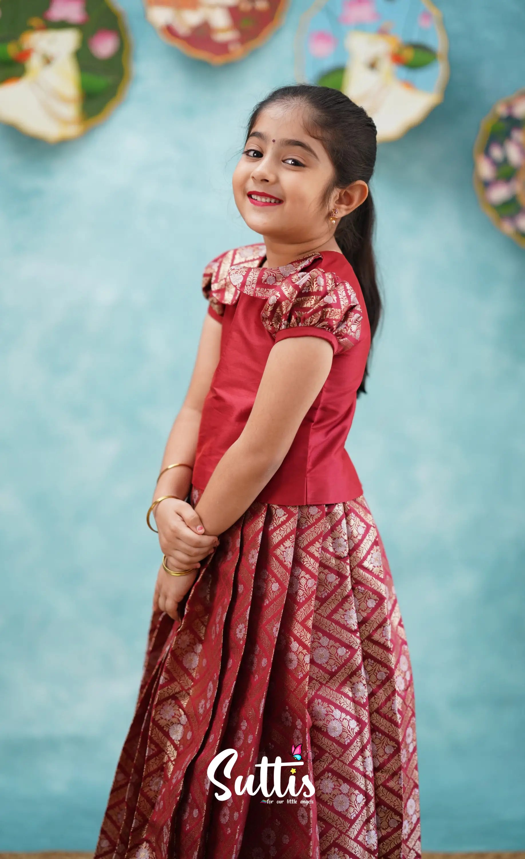 Padmakshi - Maroon Blended Silk Top And Skirt Kids-Suttis