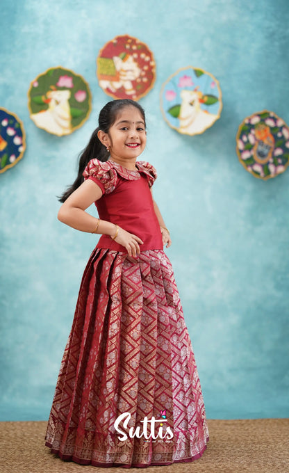 Padmakshi - Maroon Blended Silk Top And Skirt Kids-Suttis