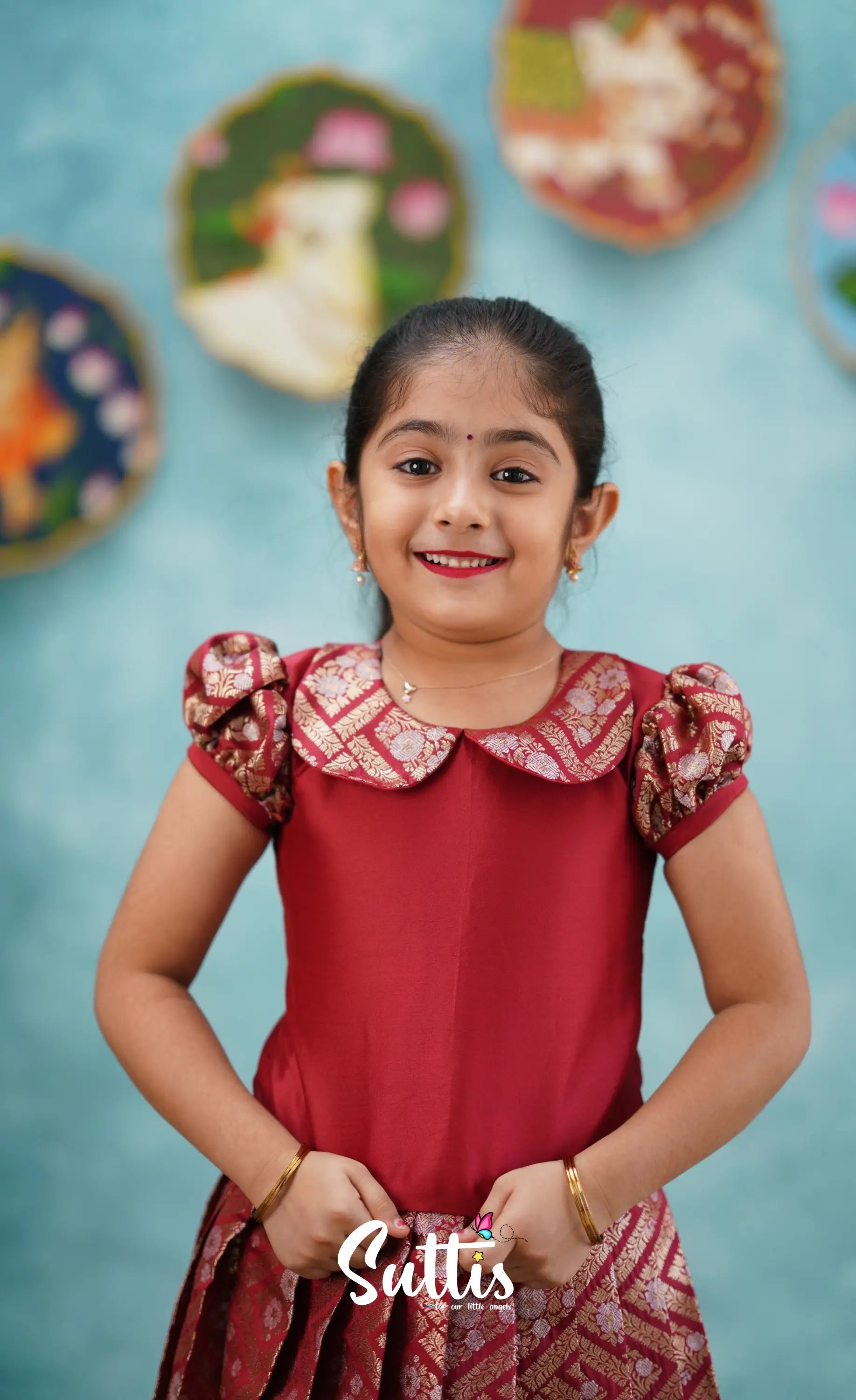 Padmakshi - Maroon Blended Silk Top And Skirt Kids-Suttis