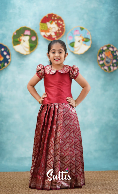 Padmakshi - Maroon Blended Silk Top And Skirt Kids-Suttis