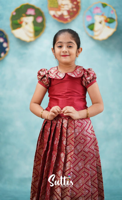 Padmakshi - Maroon Blended Silk Top And Skirt Kids-Suttis