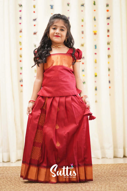 Padmakshi - Maroon Semi Silk Pavadai And Sattai Kids-Suttis