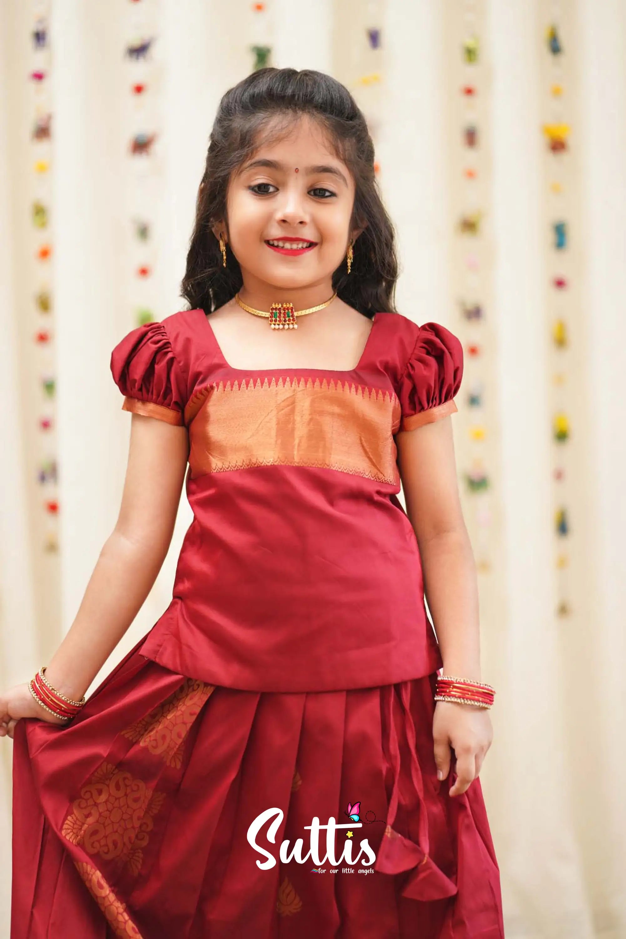 Padmakshi - Maroon Semi Silk Pavadai And Sattai Kids-Suttis