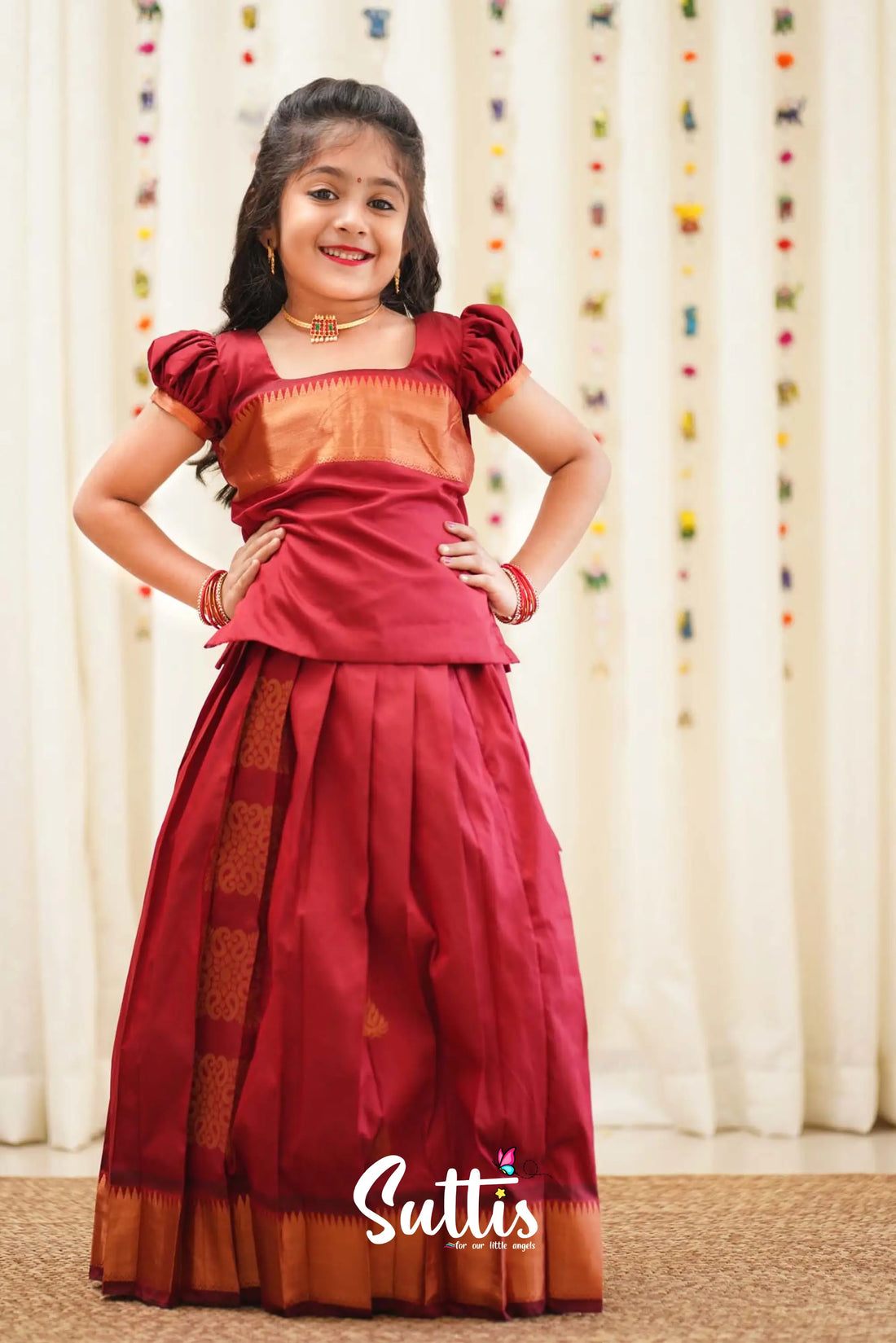 Padmakshi - Maroon Semi Silk Pavadai And Sattai Kids-Suttis