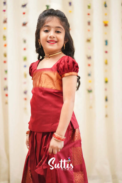 Padmakshi - Maroon Semi Silk Pavadai And Sattai Kids-Suttis