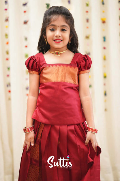 Padmakshi - Maroon Semi Silk Pavadai And Sattai Kids-Suttis