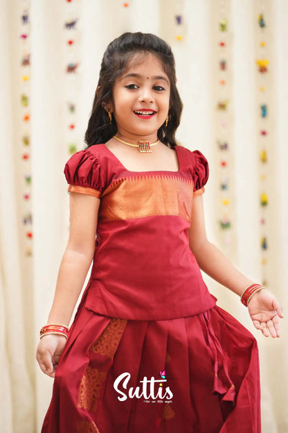 Padmakshi - Maroon Semi Silk Pavadai And Sattai Kids-Suttis