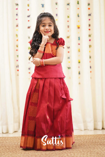 Padmakshi - Maroon Semi Silk Pavadai And Sattai Kids-Suttis