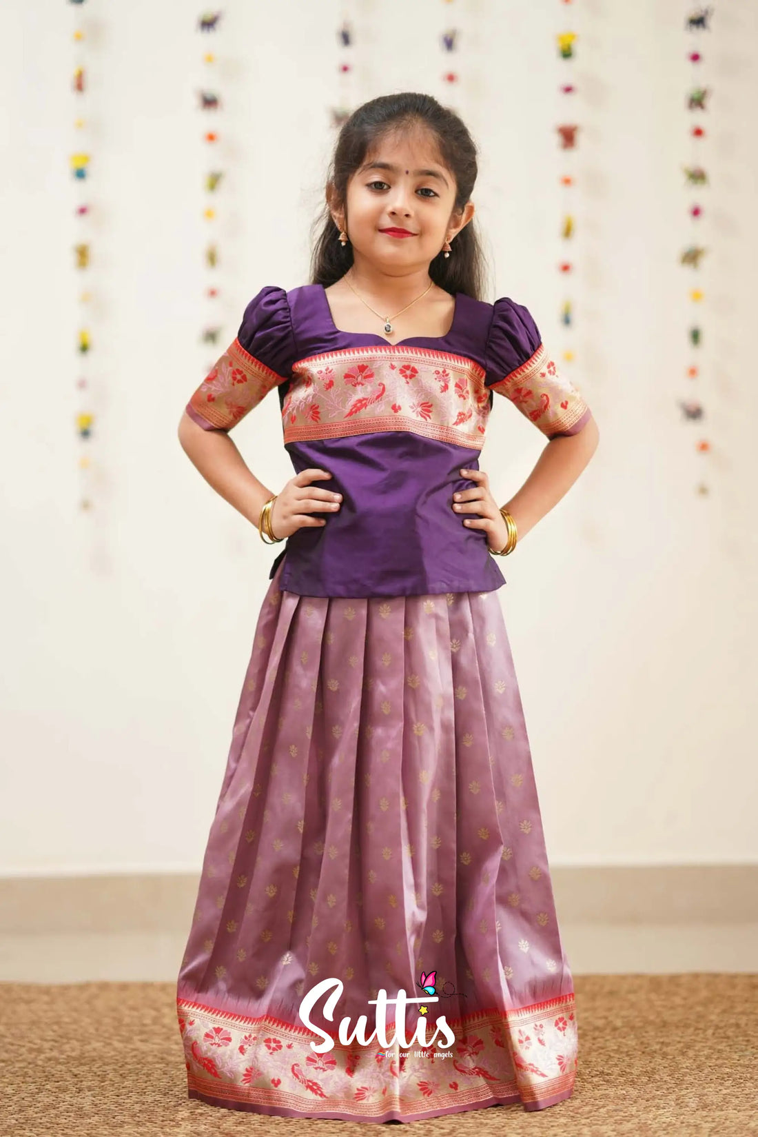 Padmakshi - Mauve And Violet Art Silk Pavadai Top Kids-Suttis