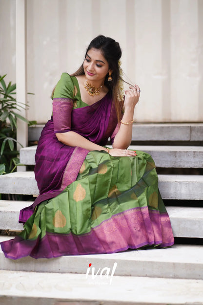 Padmakshi - Moss Green And Dark Magenta Semi Silk Halfsaree Half Sarees