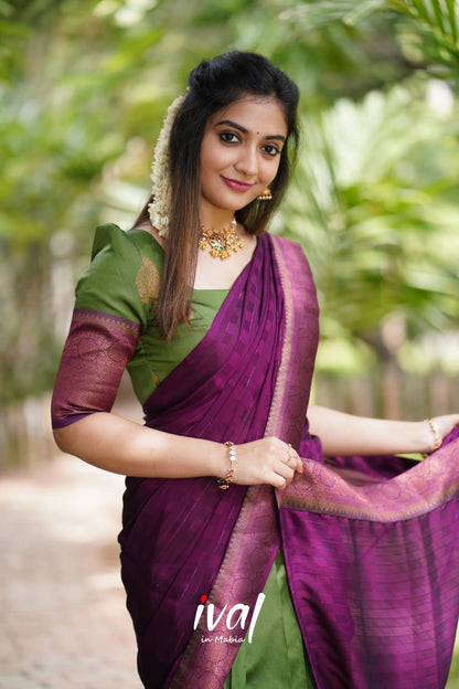 Padmakshi - Moss Green And Dark Magenta Semi Silk Halfsaree Half Sarees