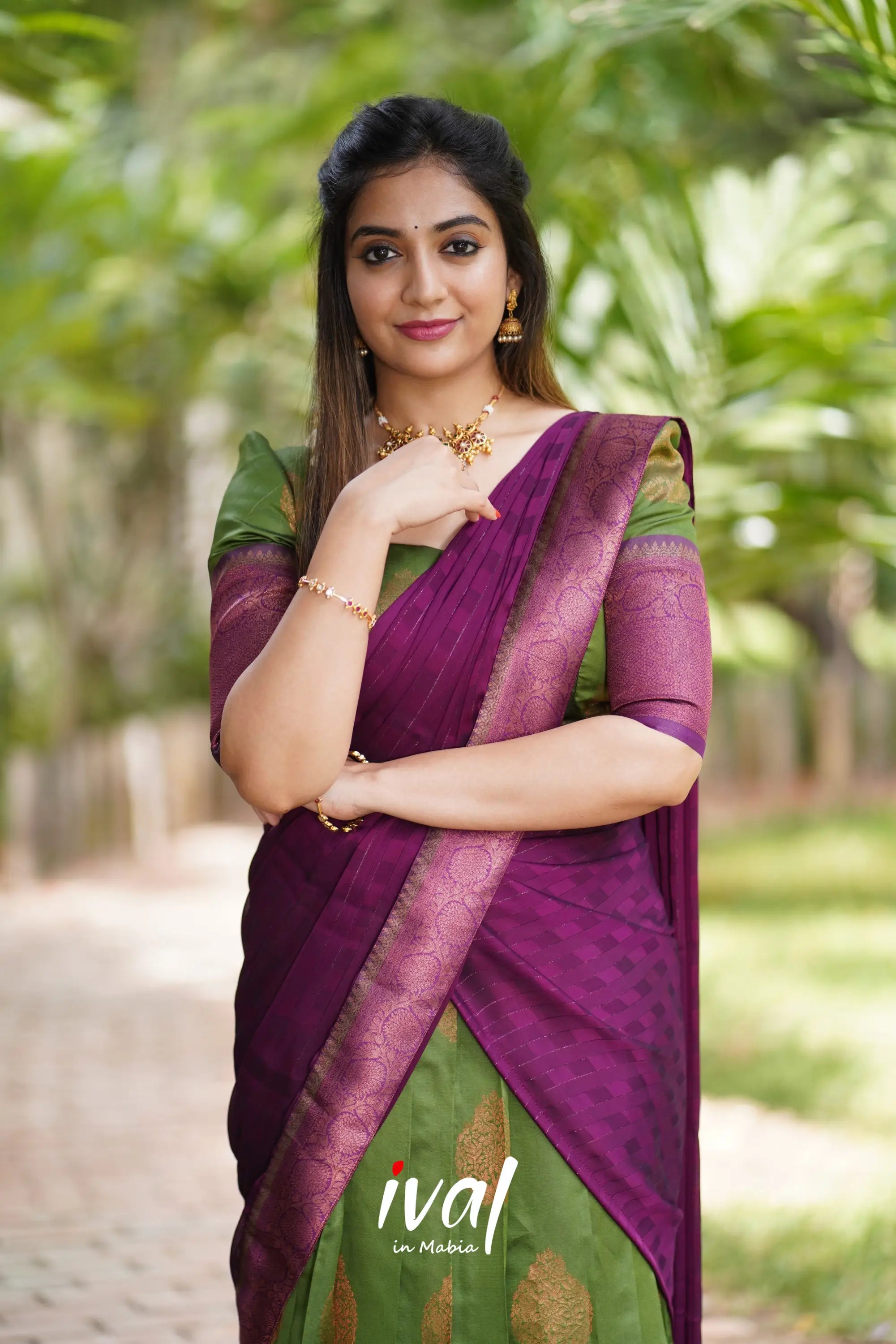 Padmakshi - Moss Green And Dark Magenta Semi Silk Halfsaree Half Sarees