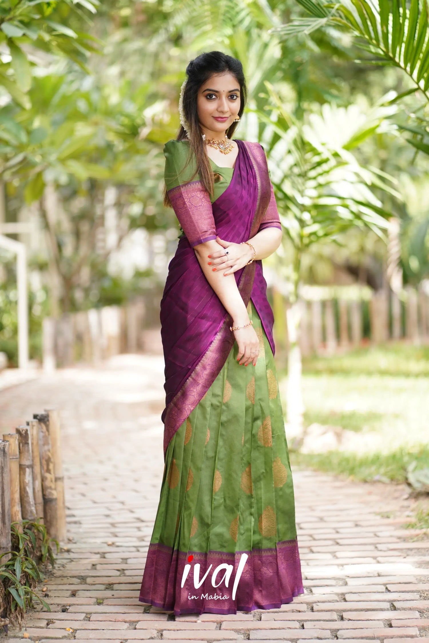 Padmakshi - Moss Green And Dark Magenta Semi Silk Halfsaree Half Sarees