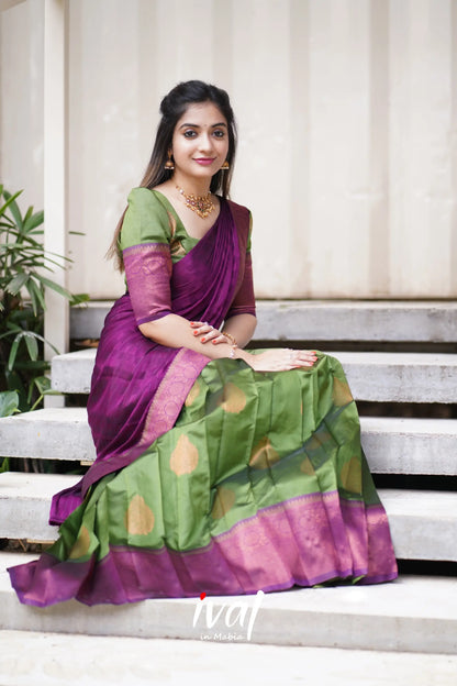 Padmakshi - Moss Green And Dark Magenta Semi Silk Halfsaree Half Sarees