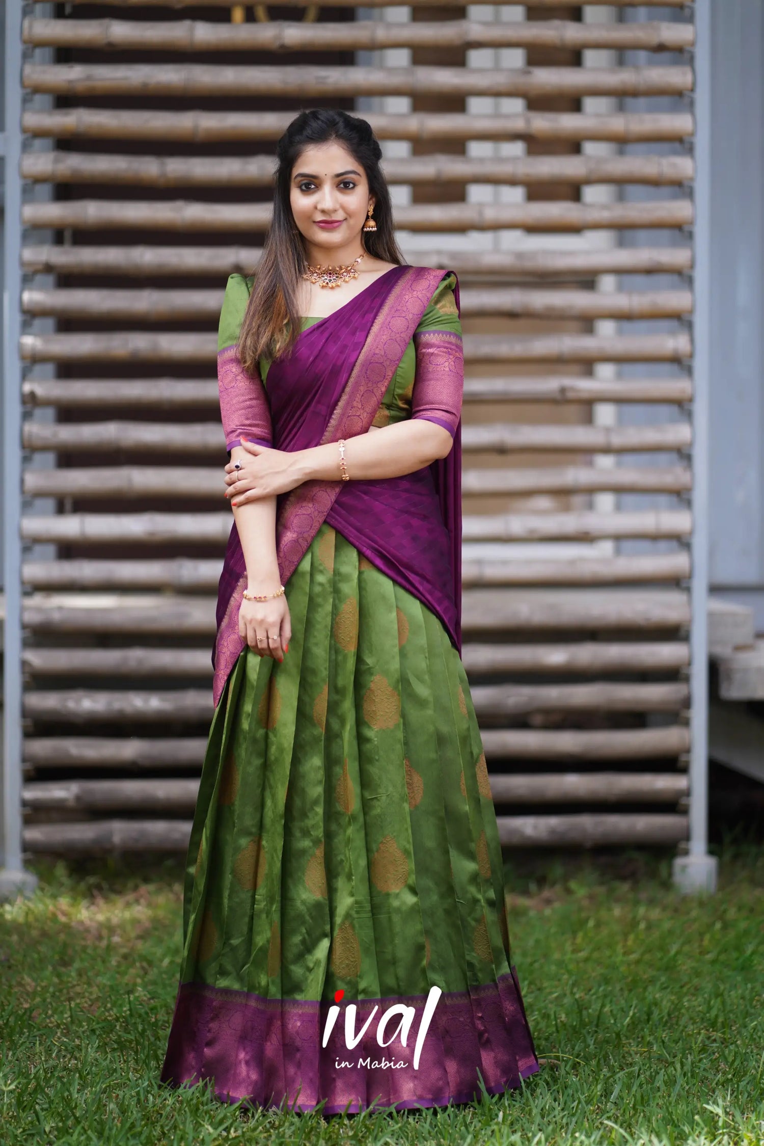 Padmakshi - Moss Green And Dark Magenta Semi Silk Halfsaree Half Sarees