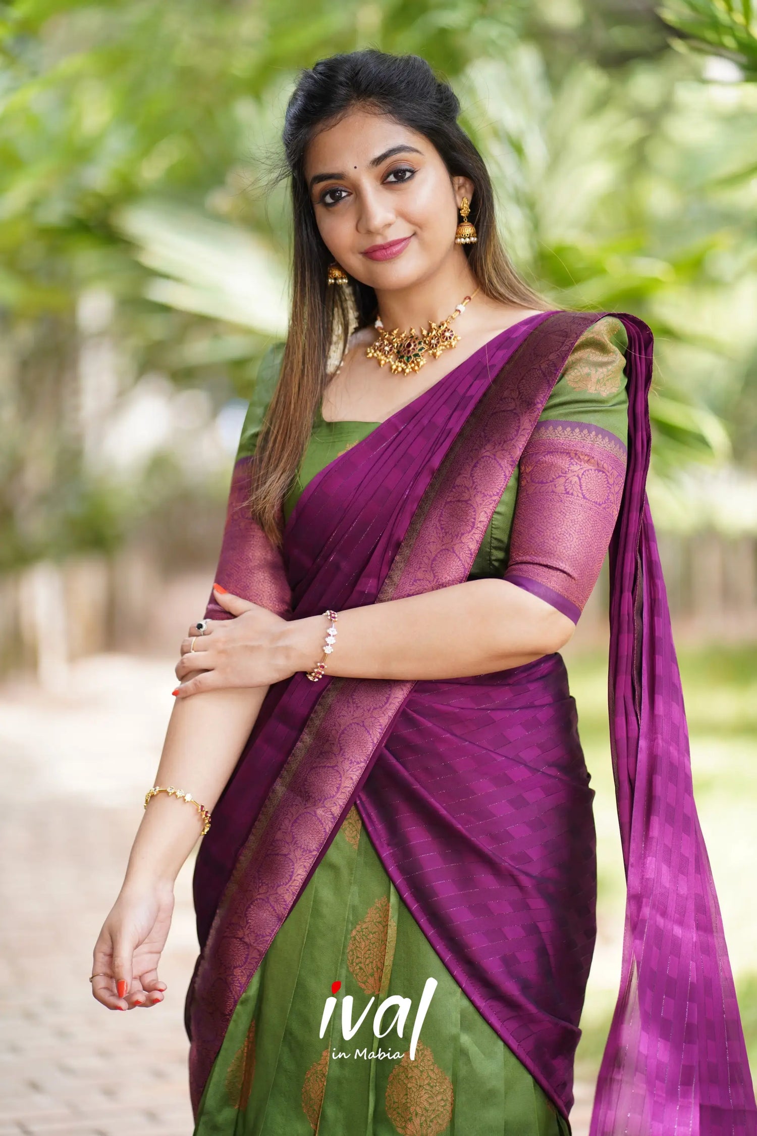 Padmakshi - Moss Green And Dark Magenta Semi Silk Halfsaree Half Sarees