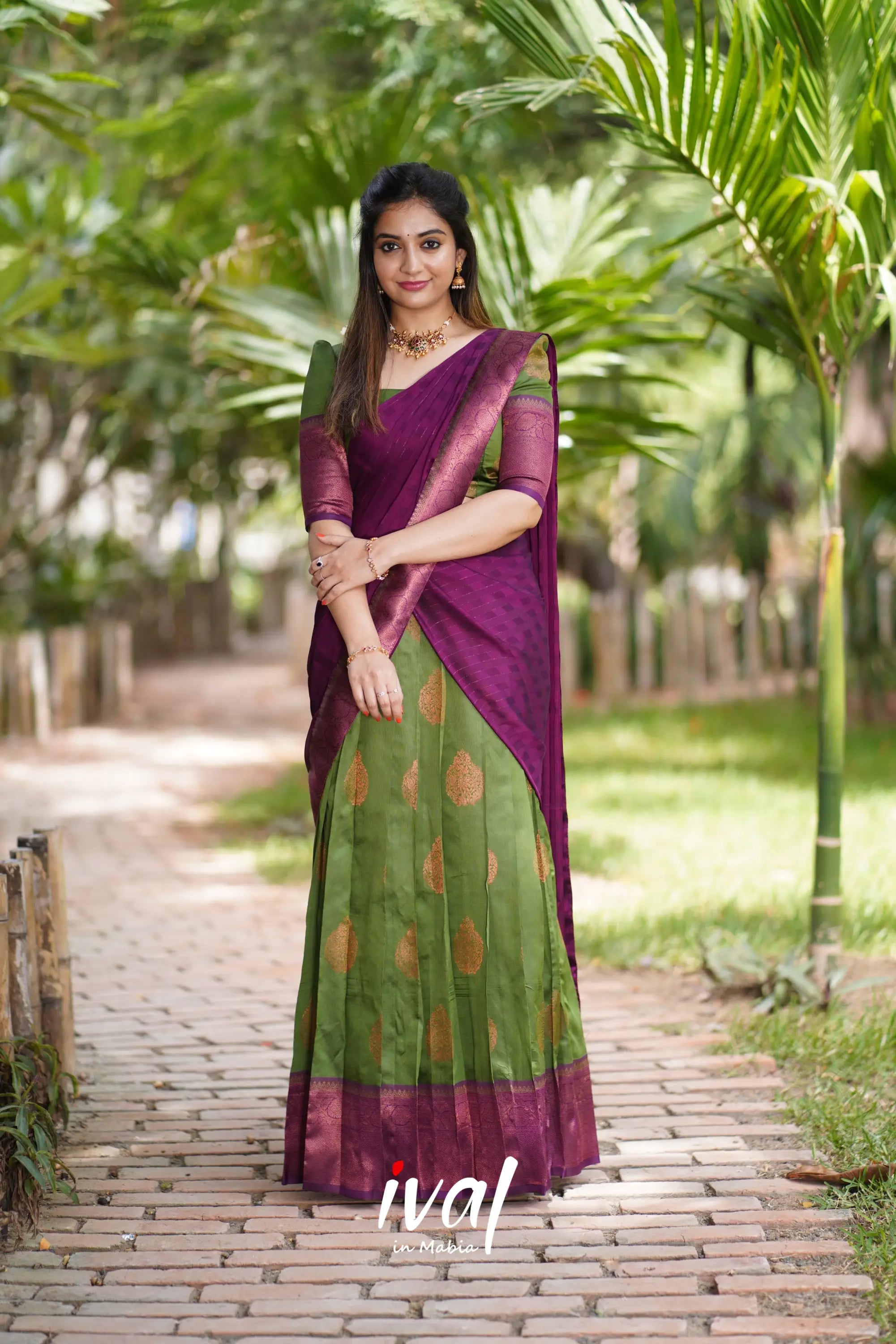 Padmakshi - Moss Green And Dark Magenta Semi Silk Halfsaree Half Sarees