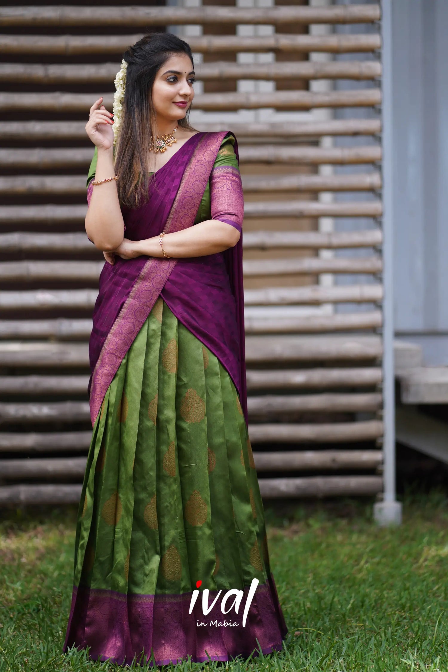 Padmakshi - Moss Green And Dark Magenta Semi Silk Halfsaree Half Sarees