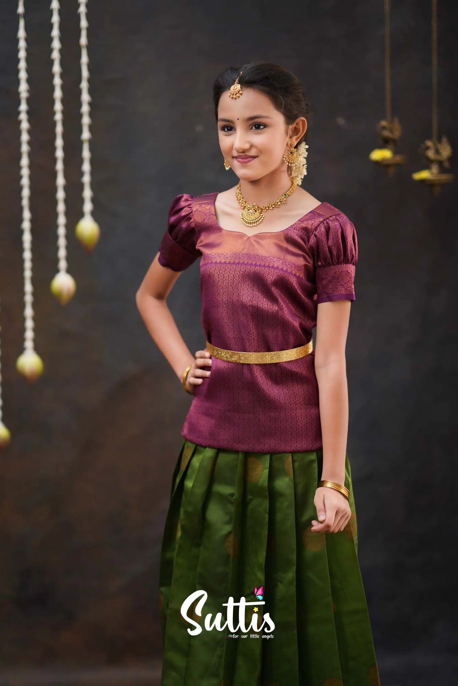 Padmakshi - Moss Green And Magenta Semi Silk Pavadai Top Kids-Suttis