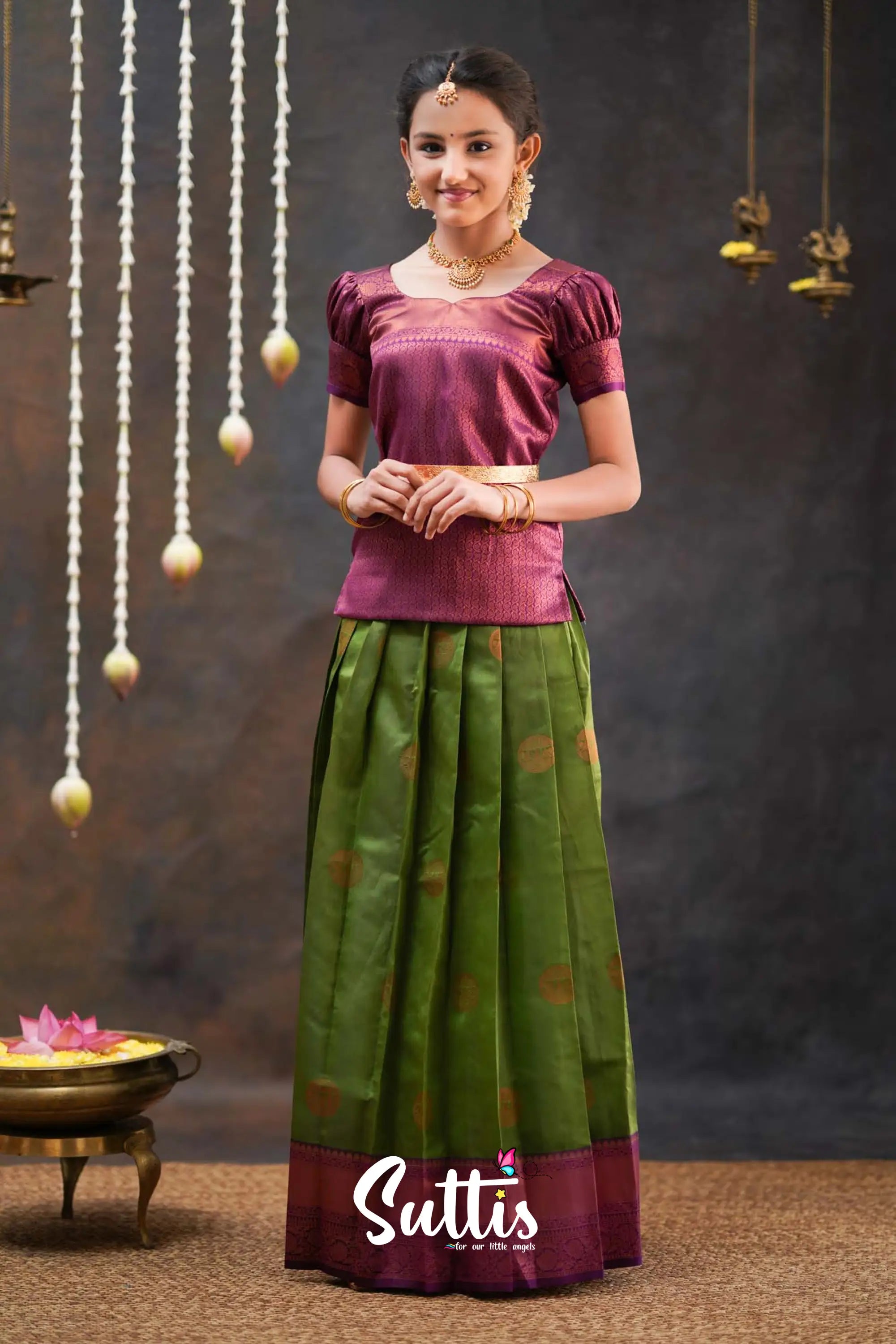 Padmakshi - Moss Green And Magenta Semi Silk Pavadai Top Kids-Suttis