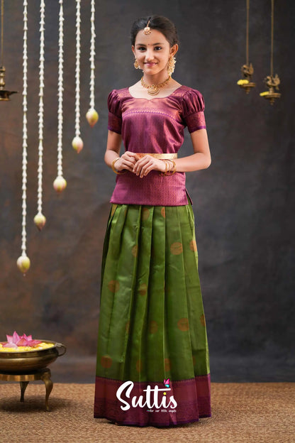 Padmakshi - Moss Green And Magenta Semi Silk Pavadai Top Kids-Suttis