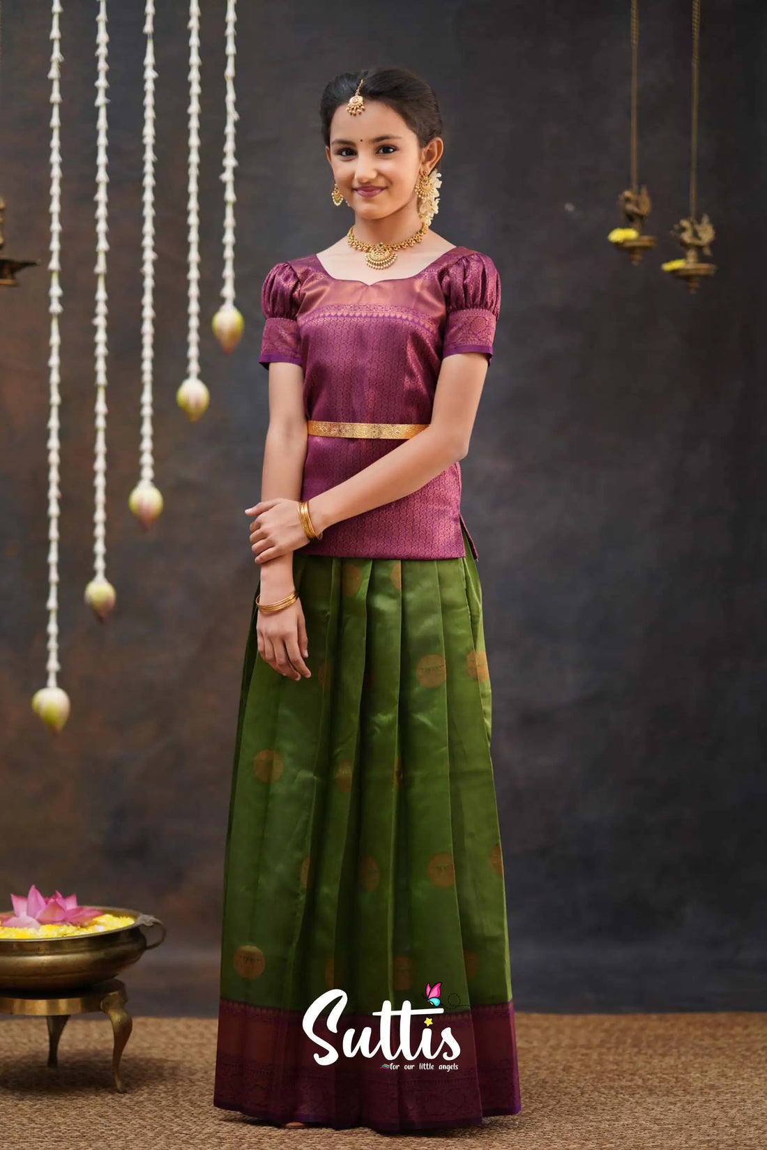 Padmakshi - Moss Green And Magenta Semi Silk Pavadai Top Kids-Suttis