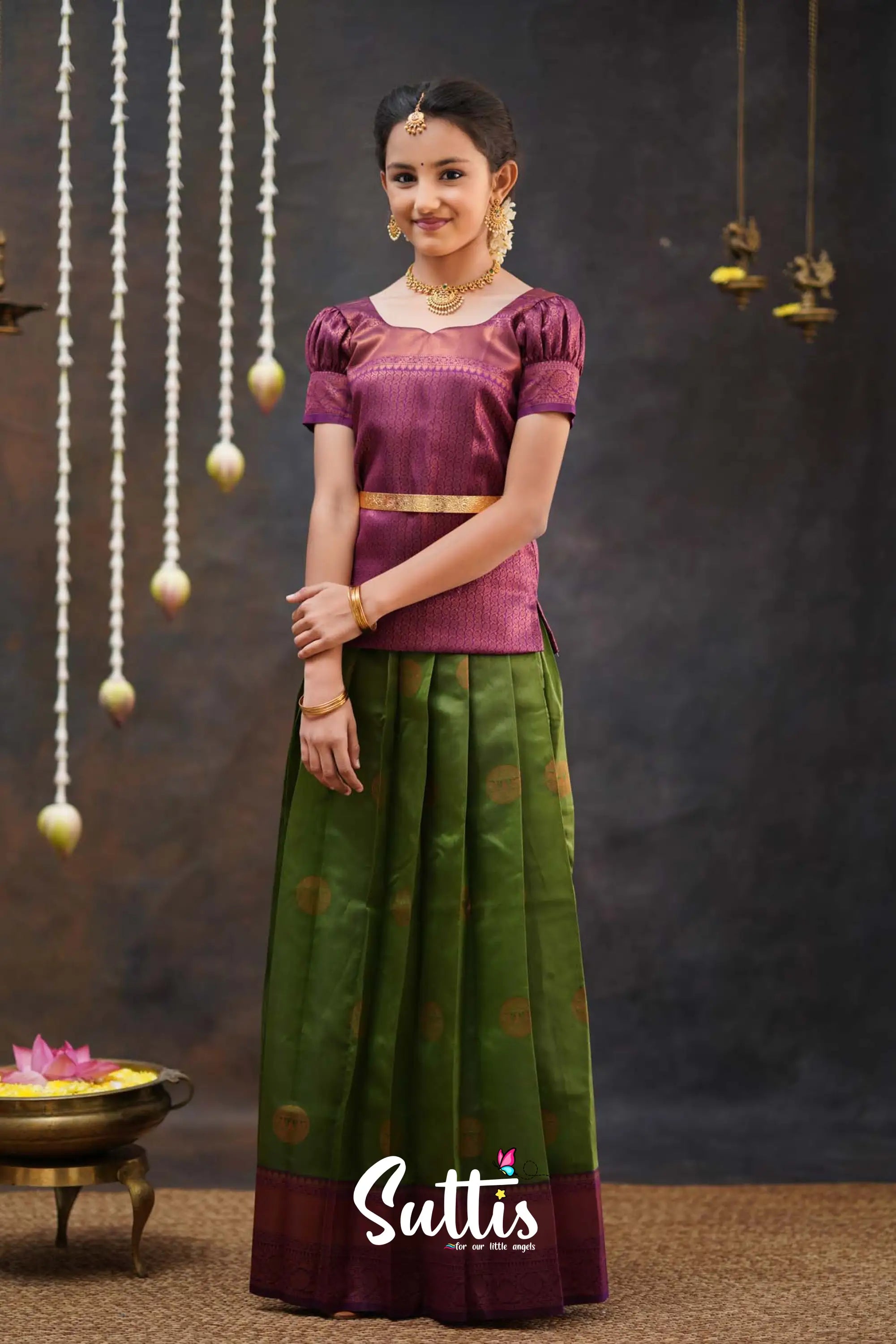 Padmakshi - Moss Green And Magenta Semi Silk Pavadai Top Kids-Suttis