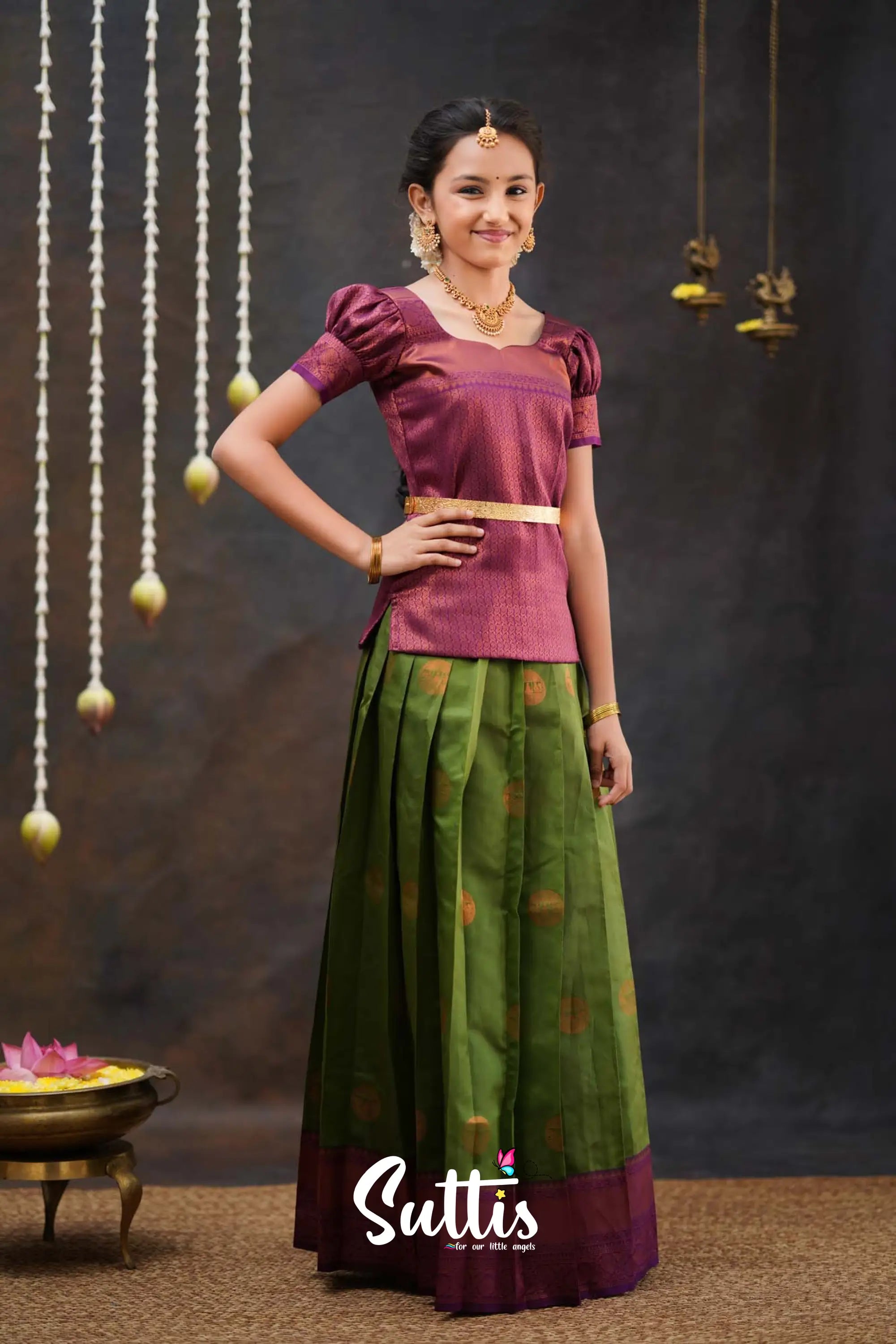 Padmakshi - Moss Green And Magenta Semi Silk Pavadai Top Kids-Suttis