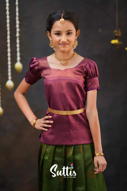 Padmakshi - Moss Green And Magenta Semi Silk Pavadai Top Kids-Suttis