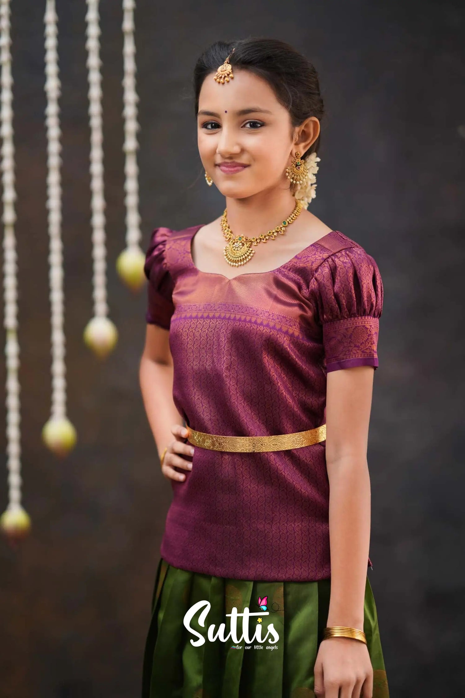 Padmakshi - Moss Green And Magenta Semi Silk Pavadai Top Kids-Suttis
