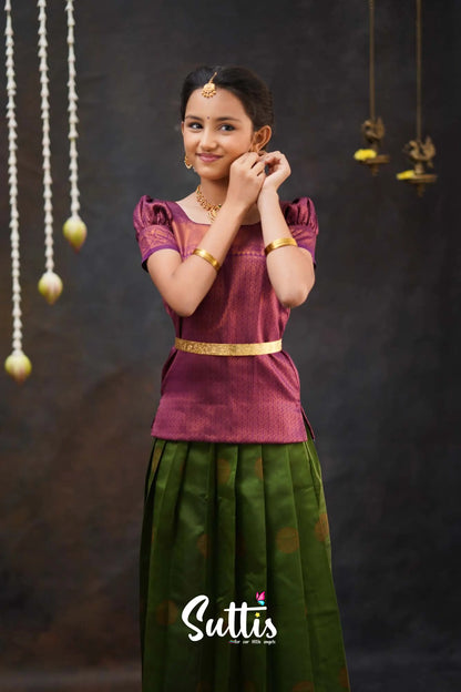 Padmakshi - Moss Green And Magenta Semi Silk Pavadai Top Kids-Suttis