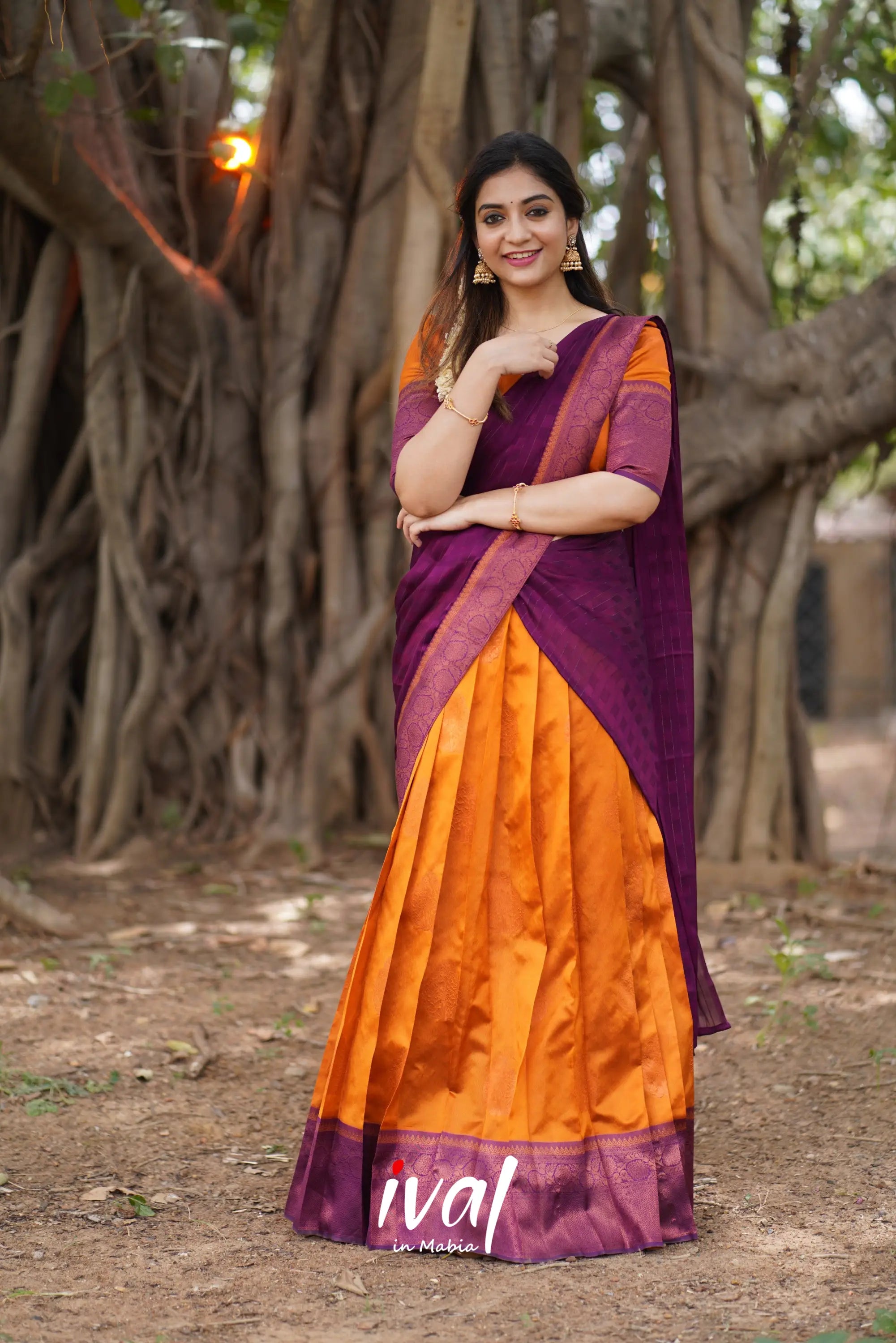 Padmakshi - Mustard Orange And Dark Magenta Semi Silk Halfsaree Half Sarees