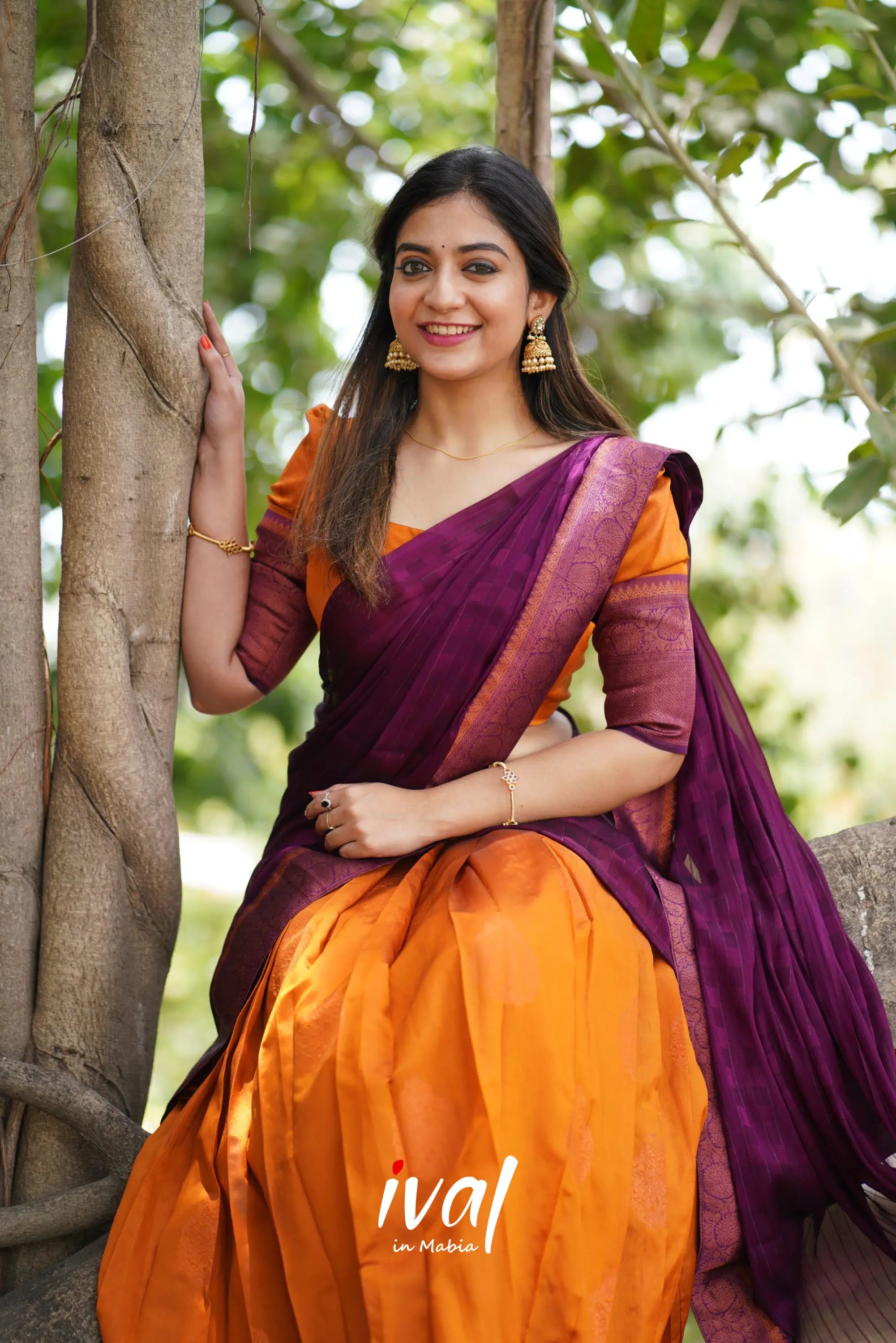 Padmakshi - Mustard Orange And Dark Magenta Semi Silk Halfsaree Half Sarees