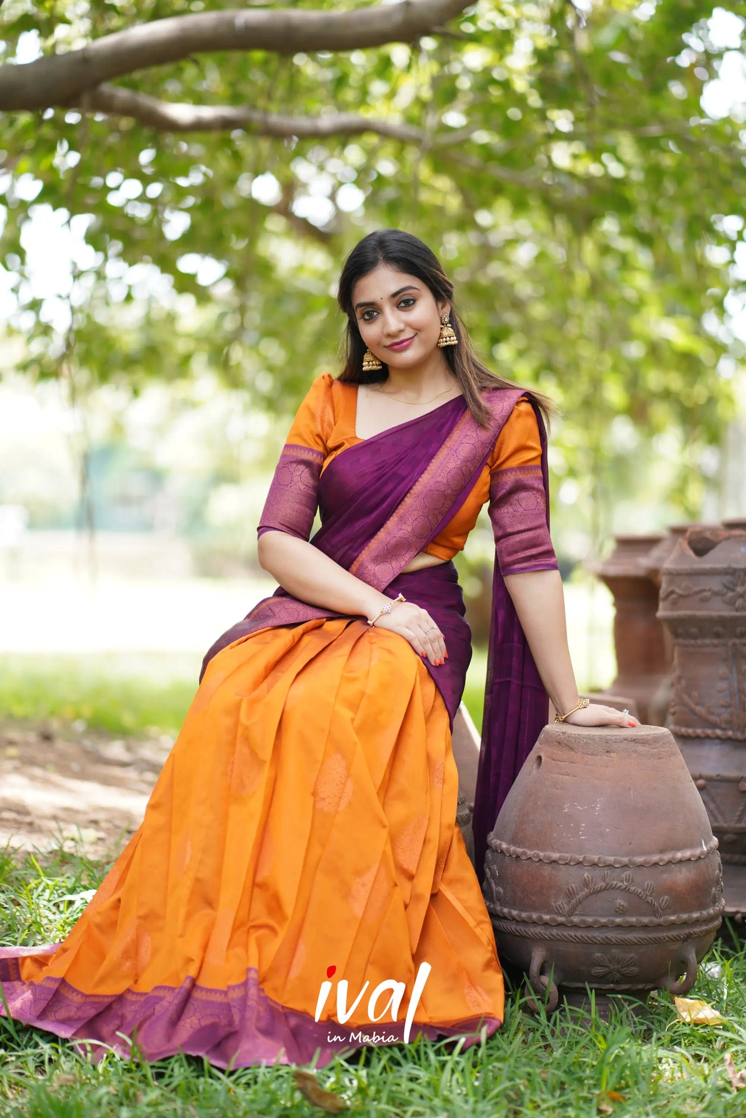 Padmakshi - Mustard Orange And Dark Magenta Semi Silk Halfsaree Half Sarees