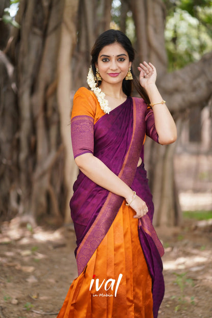 Padmakshi - Mustard Orange And Dark Magenta Semi Silk Halfsaree Half Sarees