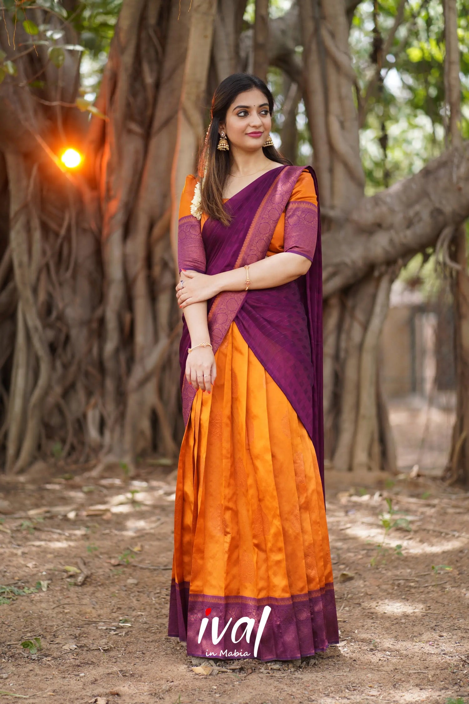 Padmakshi - Mustard Orange And Dark Magenta Semi Silk Halfsaree Half Sarees