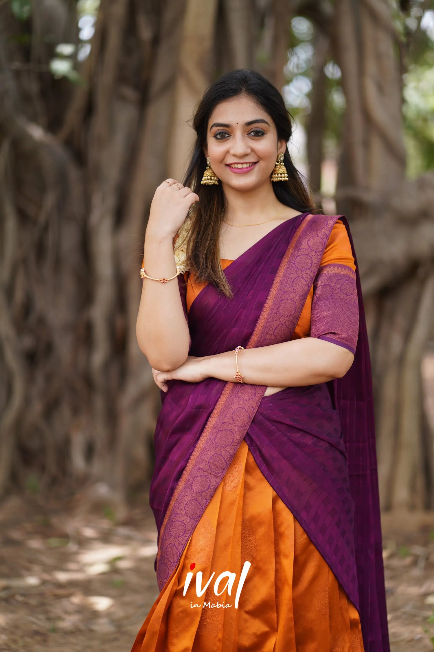 Padmakshi - Mustard Orange And Dark Magenta Semi Silk Halfsaree Half Sarees